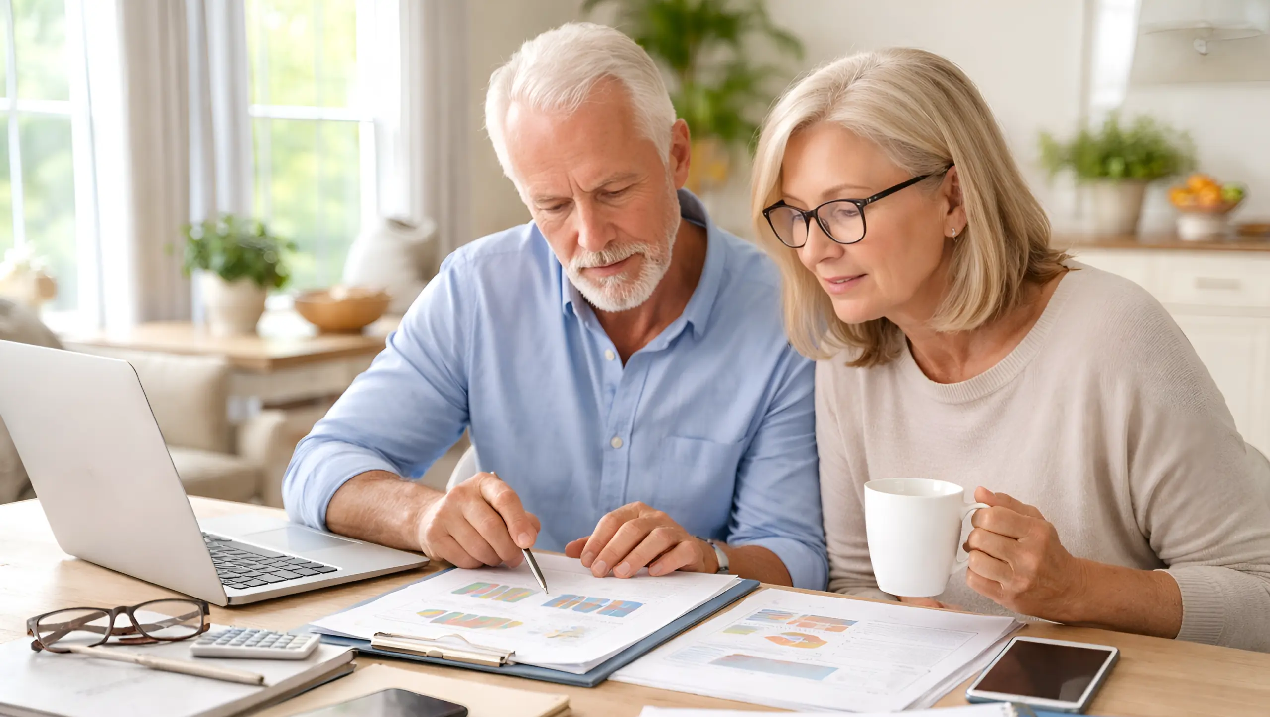 Retired couple reviewing retirement investment options together at home